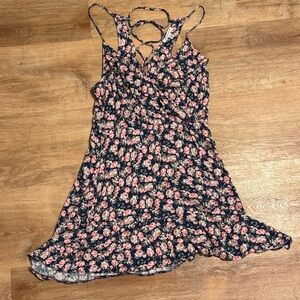 American Eagle Floral Lace Up Back Ruffle Mini Dress Navy Pink Medium